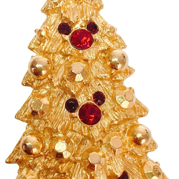 Signed Disney Christmas Tree Brooch Gold Tone Red Rhinestones Hidden Mickey VTG - Picture 11 of 12